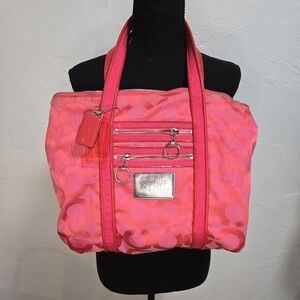 COACH POPPY OP ART GLAM CANDY PINK JACQUARD TOTE SHOULDER HANDBAG